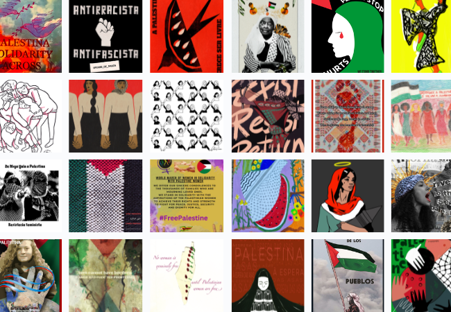 Galeria de cartazes em solidariedade às mulheres palestinas